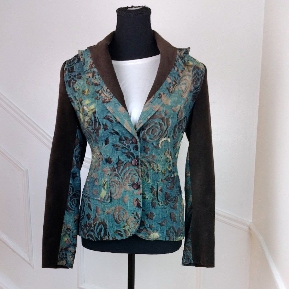 Anna Meyer Paris Cotton Jacquard‎ Floral Tapestry Blazer Audience 38 Teal Brown